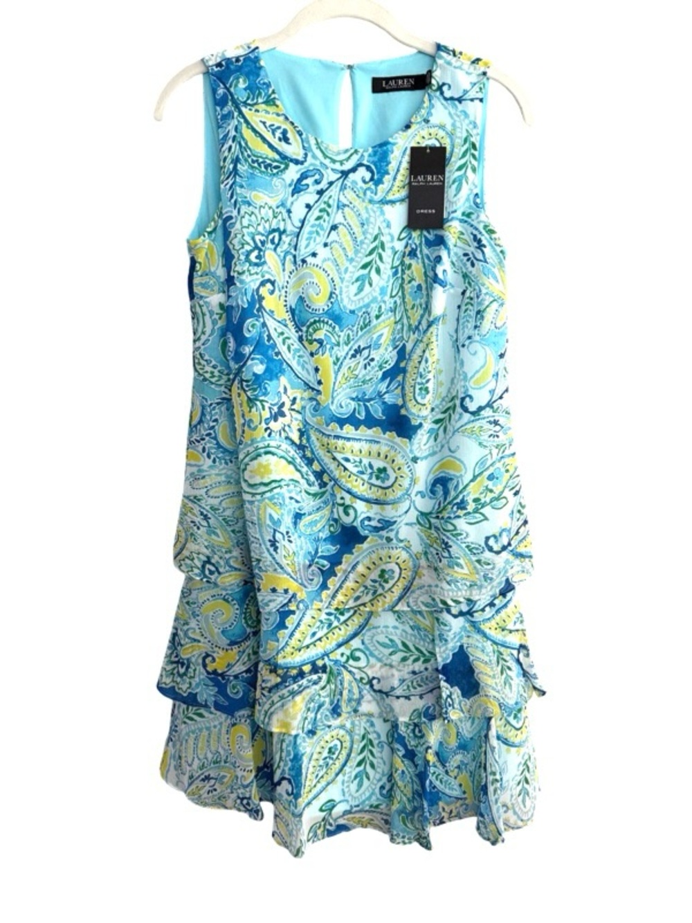 NEW Lauren Ralph Lauren Tiered Georgette Dress Chiffon Paisley Shift Blue Size 2